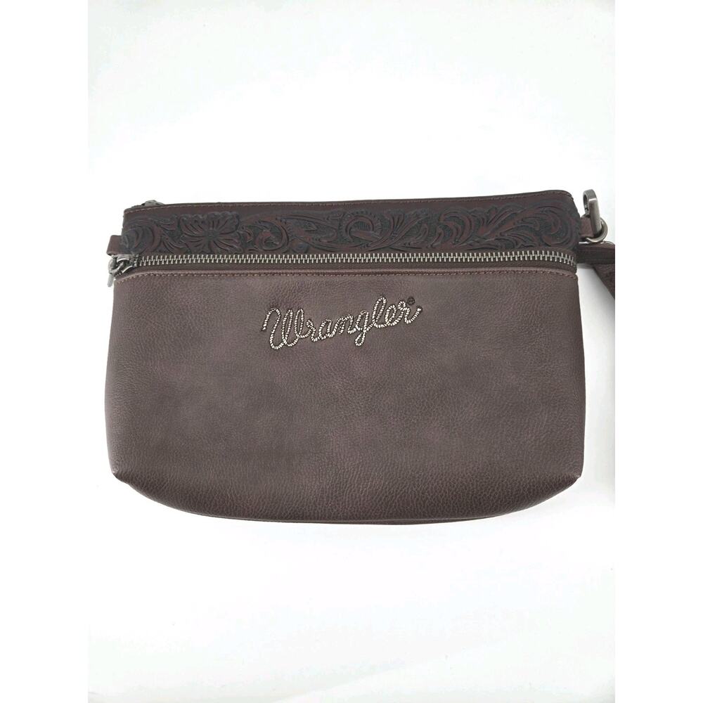 Wrangler Western Tooled Cowhide Leather Brown Crossbody Bag Clutch Purse